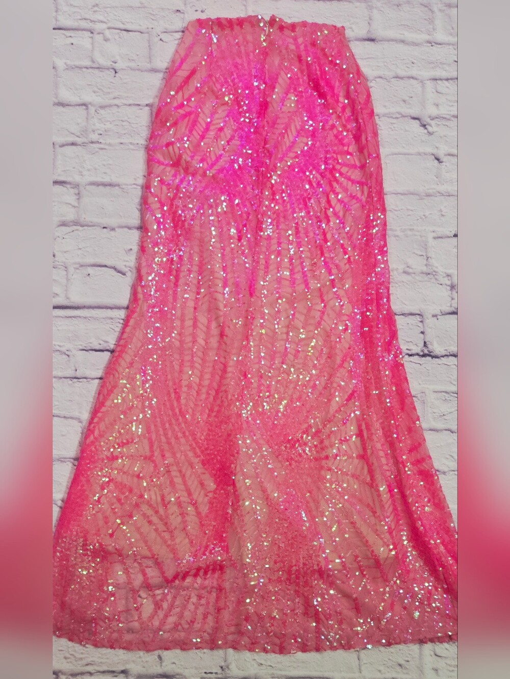 Neon Pink Sequin Two Piece Formal Set One Shoulder Crop Top Maxi Skirt - Picture 11 of 14